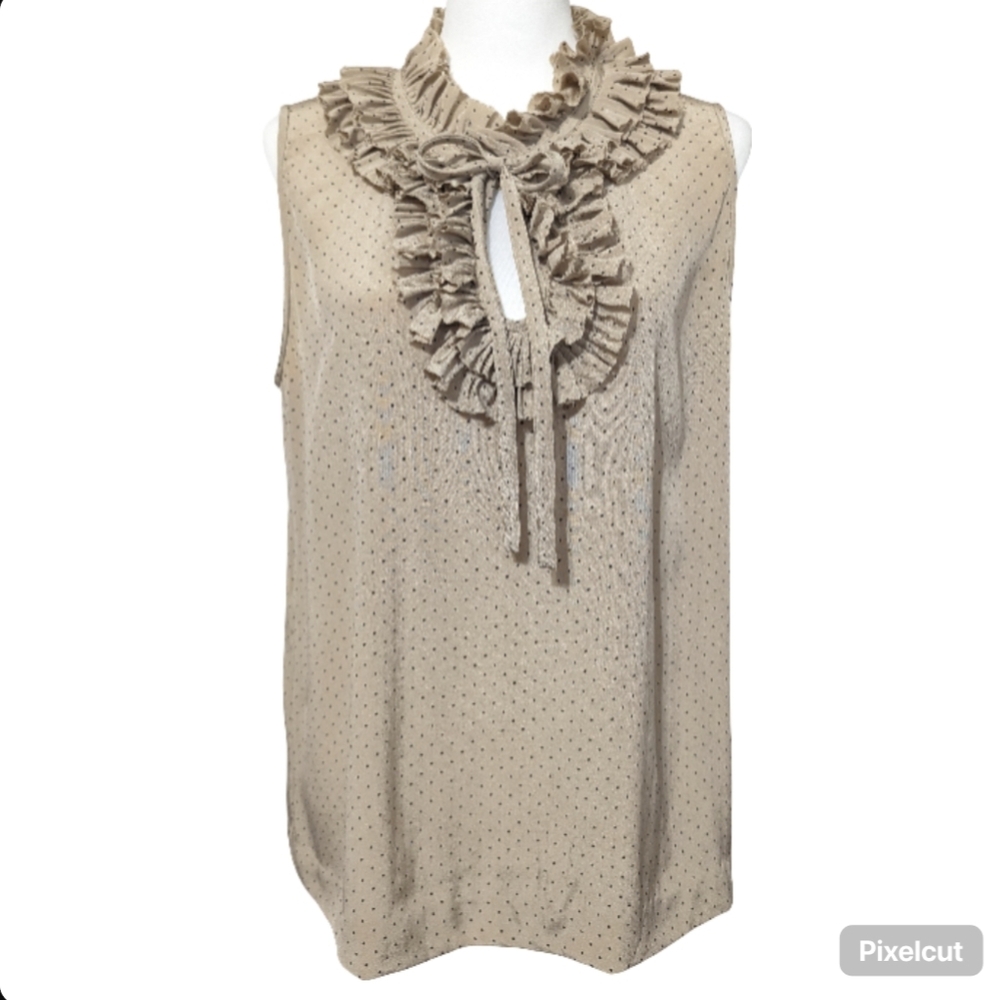 Kate Spade Ruffled Tan Polka Dot Sleeveless Preppy Silk Blouse